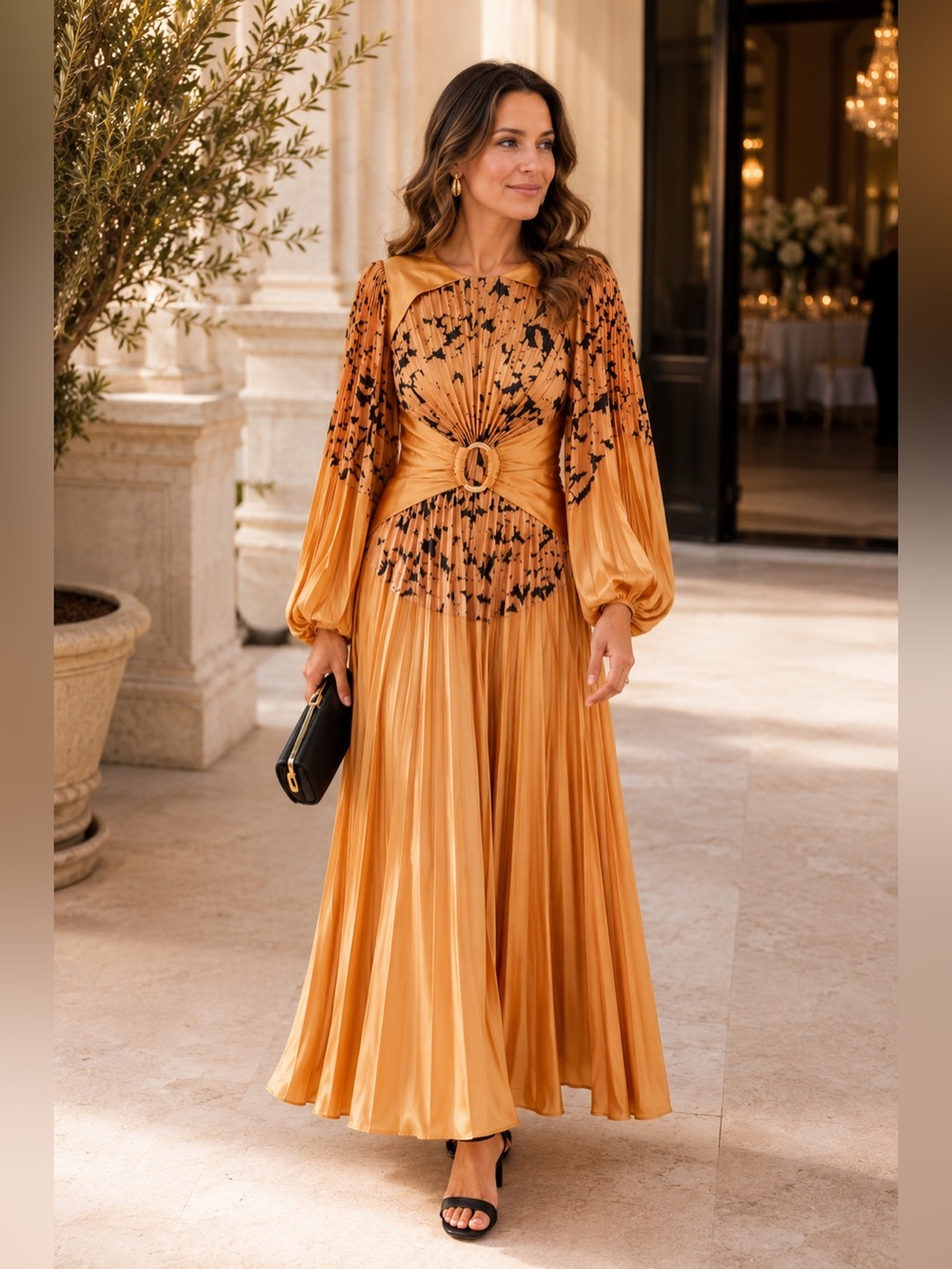 Acler Fernlea Golden Pleated Satin Maxi Dress with Black Embellishment - Picture 2 of 10